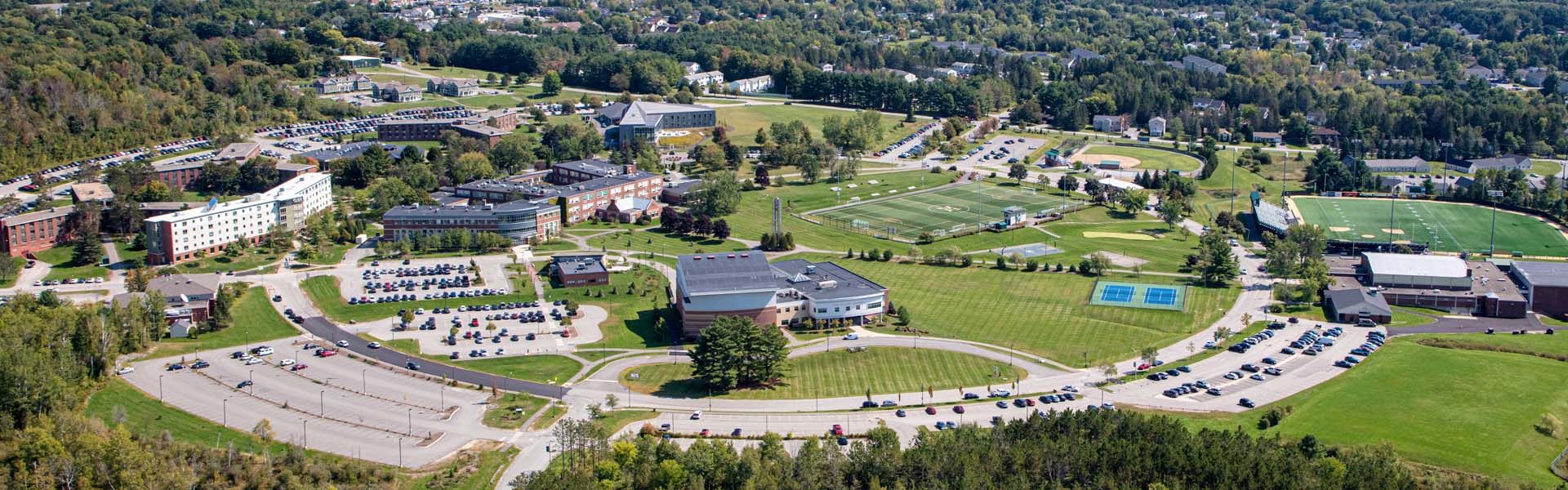 An aerial view of the campus of Husson University