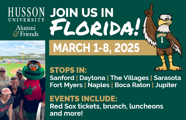 List of dates that Husson will hold events in Florida with an image of a group of Husson alumni