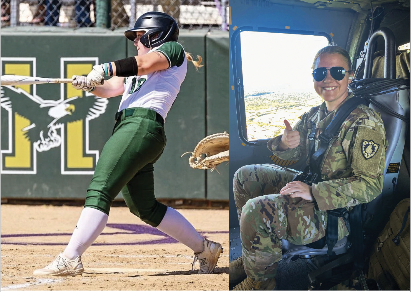 Kenzie Dore '24 as a softball star at Husson, and now as a pilot for the Coast Guard