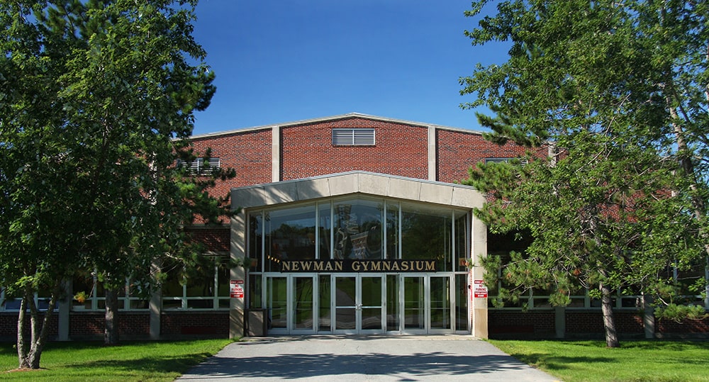 A brick building is shown at the end of a walkway.