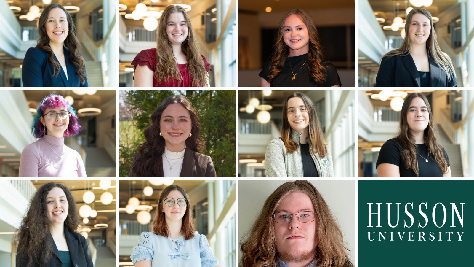 This image shows 11 headshots of individuals and the Husson University logo.