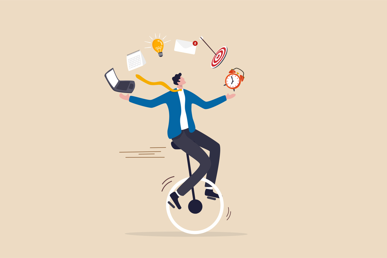 Animated image of a man juggling items while riding on a unicycle.